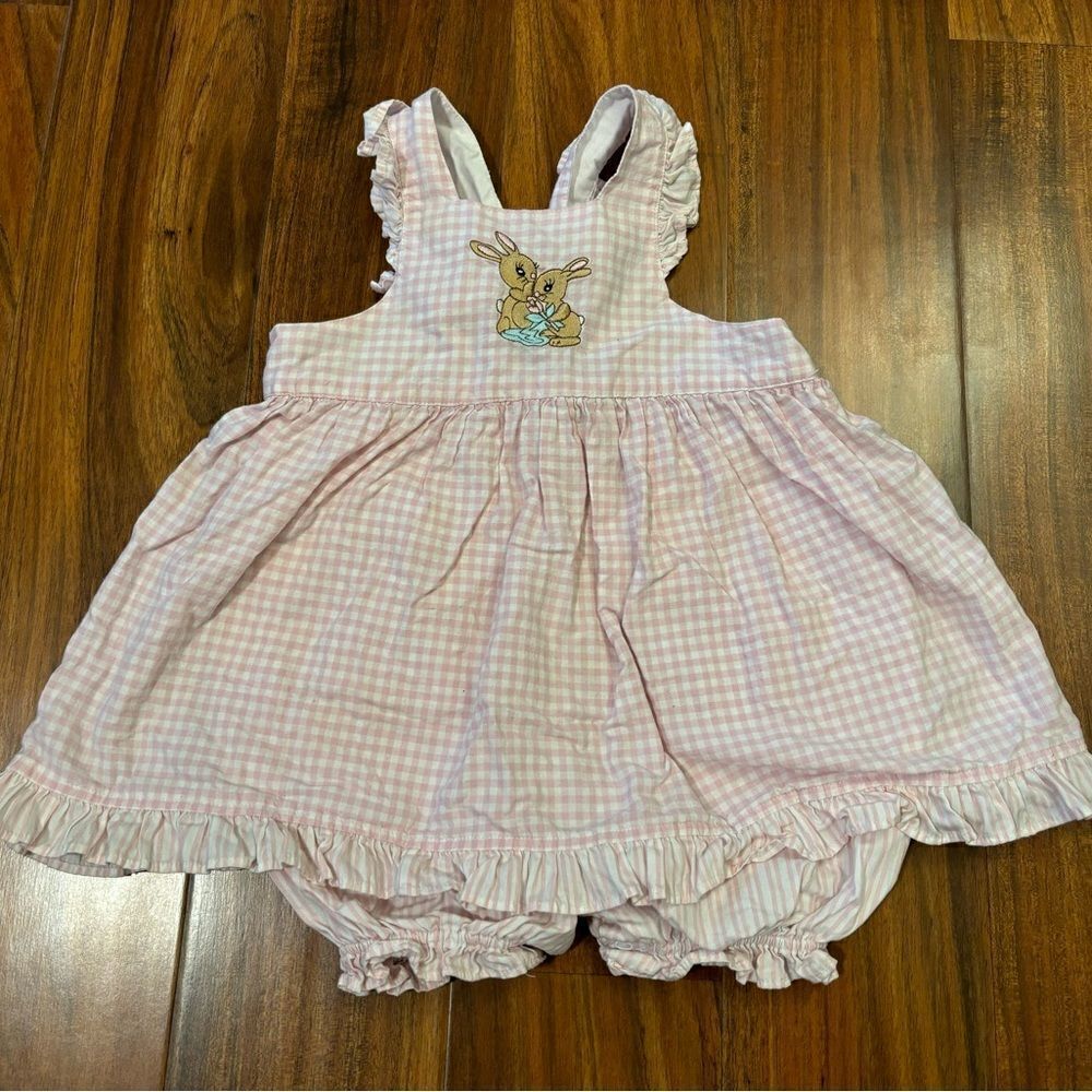 Miniwear vintage embroidered bunny rabbit pink plaid dress romper